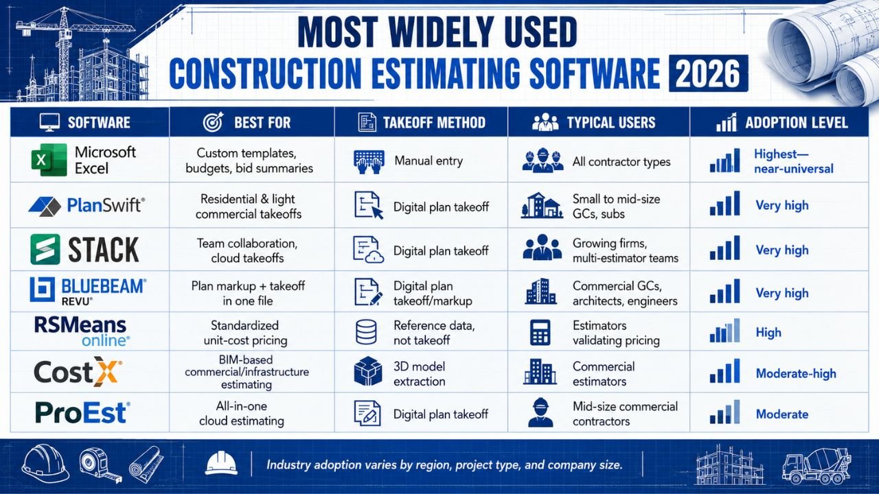 Comparison table of the most widely used construction estimating software in 2026, including Microsoft Excel, PlanSwift, STACK, Bluebeam Revu, RSMeans Online, CostX, and ProEst.