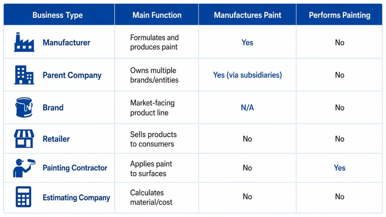 Comparison of paint manufacturers, parent companies, brands, retailers, painting contractors, and estimating companies