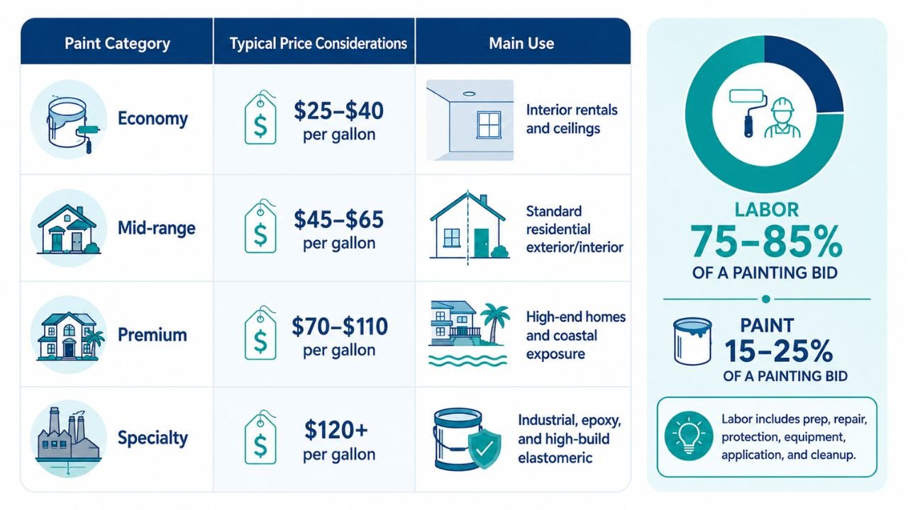 Paint quality and price comparison showing economy, mid-range, premium, and specialty paint costs per gallon