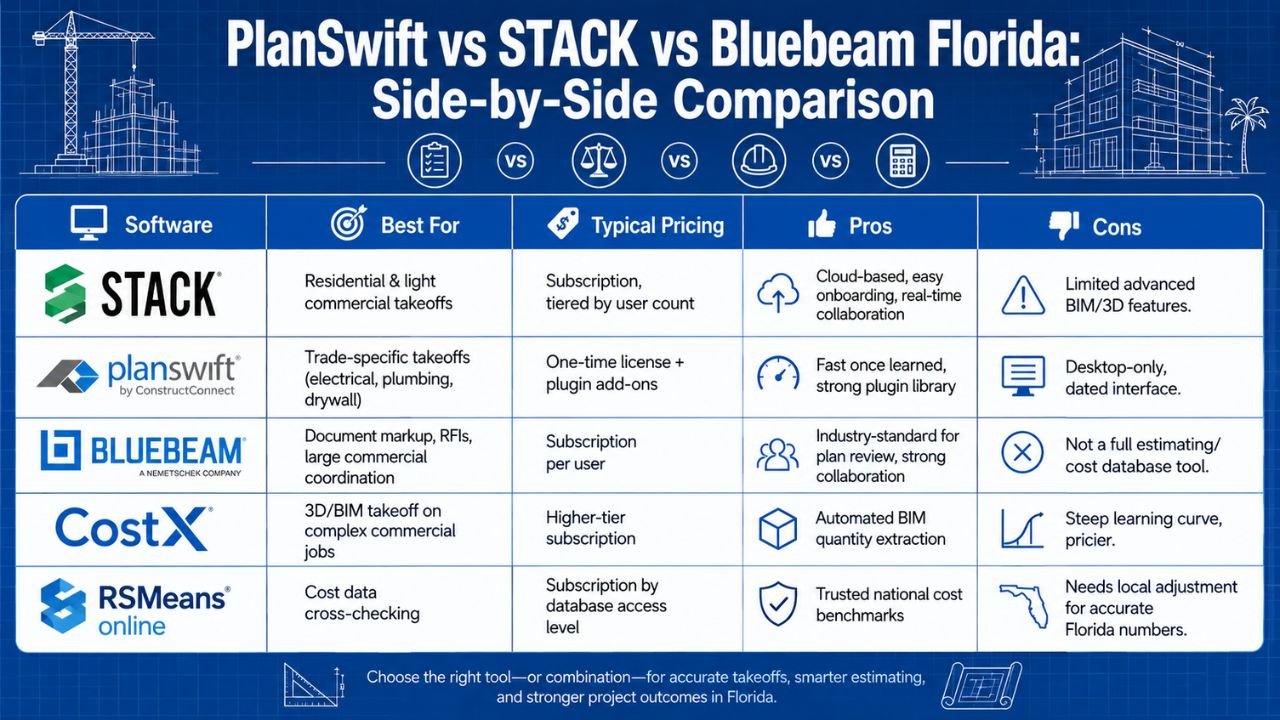Comparison chart of PlanSwift, STACK, Bluebeam, CostX, and RSMeans Online software for Florida construction estimating, takeoffs, pricing, pros, and cons.