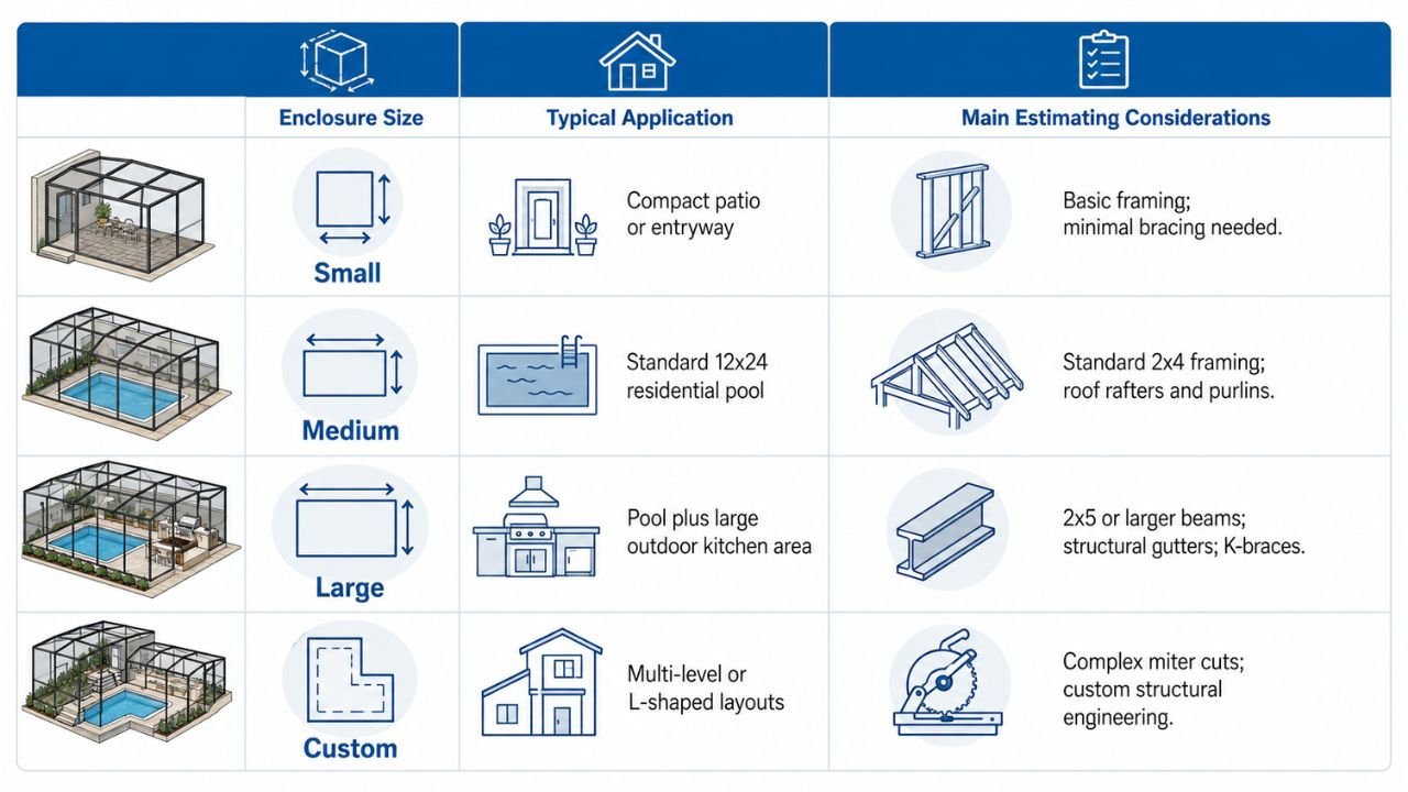 Pool cage estimating considerations by size showing small, medium, large, and custom enclosure applications and structural requirements