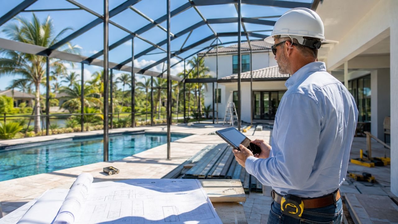 Pool cage and lanai construction cost estimator in Florida showing a contractor reviewing plans at a residential pool project