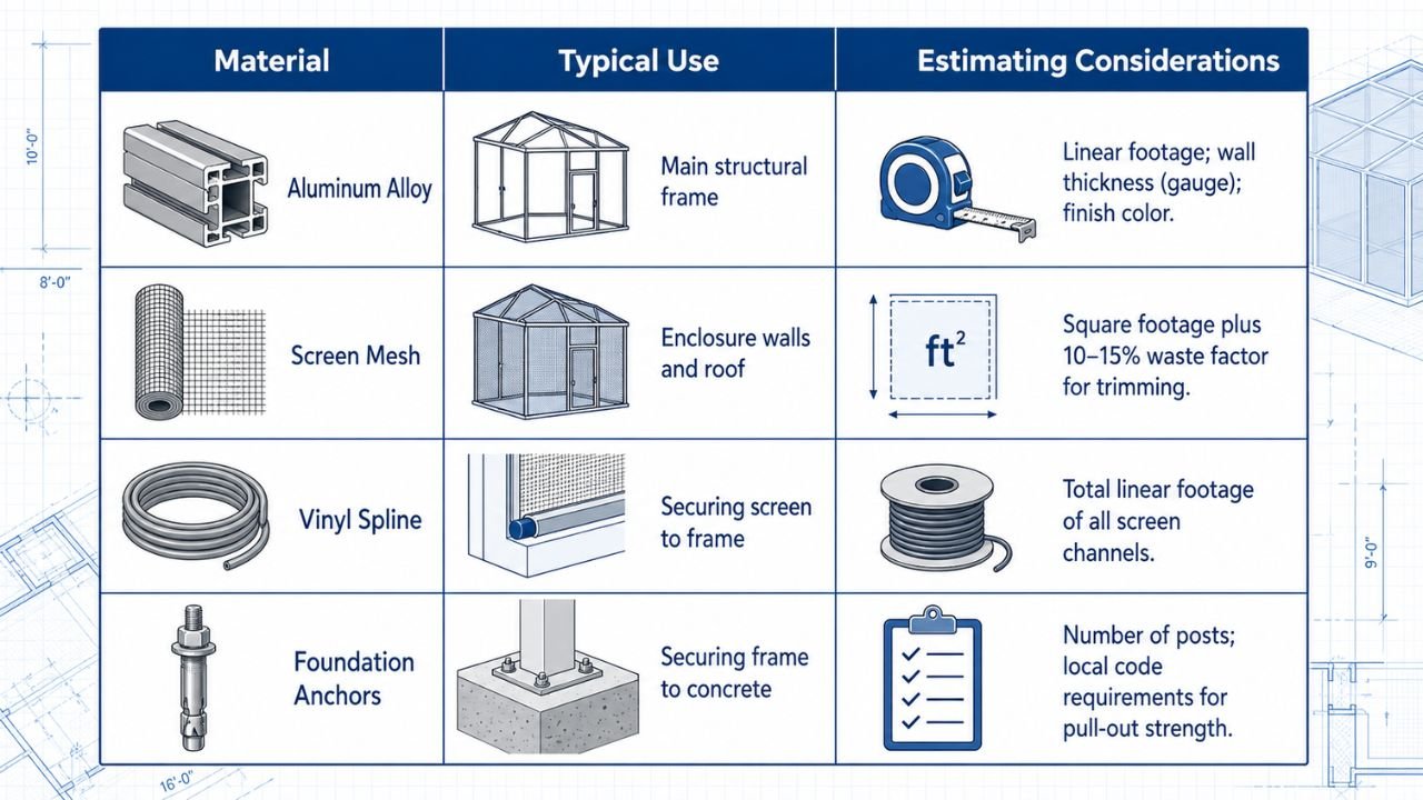 Pool enclosure materials and estimating considerations showing aluminum alloy, screen mesh, vinyl spline, and foundation anchors