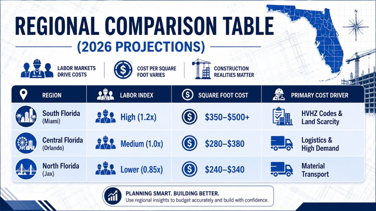Infographic comparing Florida construction costs by region for 2026, showing labor index, cost per square foot, and primary cost drivers across South, Central, and North Florida.