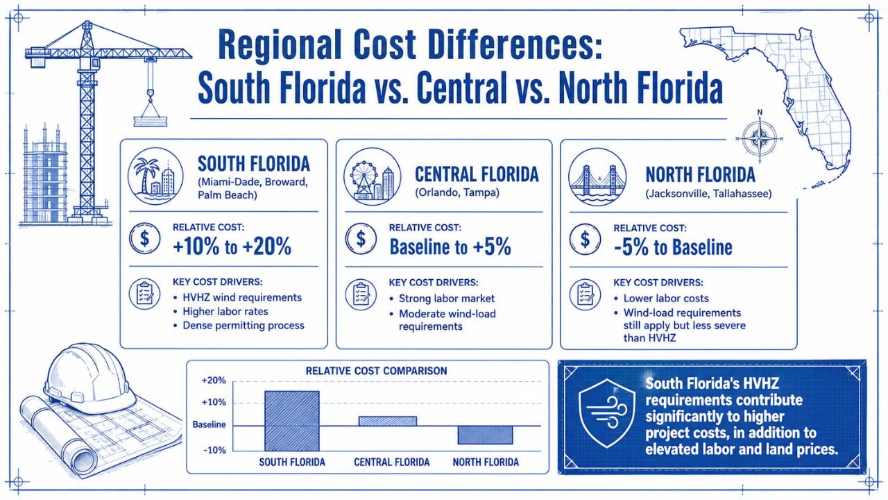 Infographic comparing construction cost differences across South Florida, Central Florida, and North Florida, including regional cost factors, labor costs, wind-load requirements, and overall cost comparison.