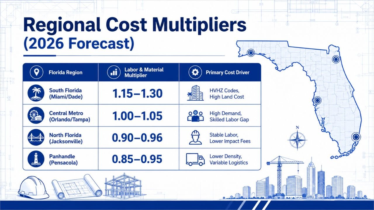 Infographic showing regional construction cost multipliers across Florida for 2026, comparing South Florida, Central Metro, North Florida, and the Panhandle with labor and material cost factors.