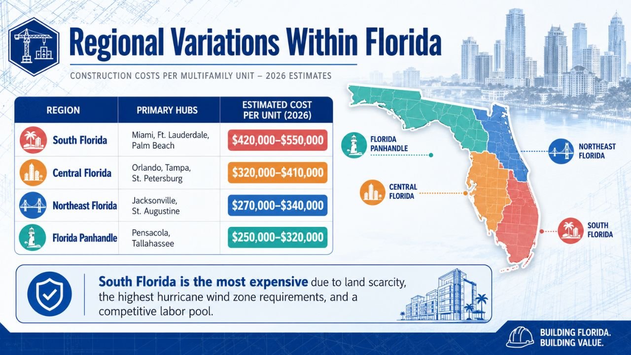 Infographic showing regional variations in Florida multifamily construction costs, comparing estimated cost per apartment unit across South Florida, Central Florida, Northeast Florida, and the Florida Panhandle.
