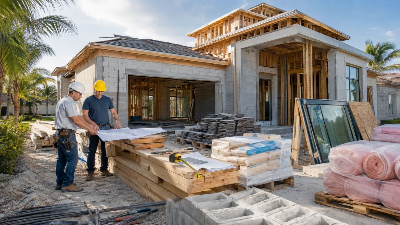 Residential construction cost per square foot with building materials at a Florida home construction site