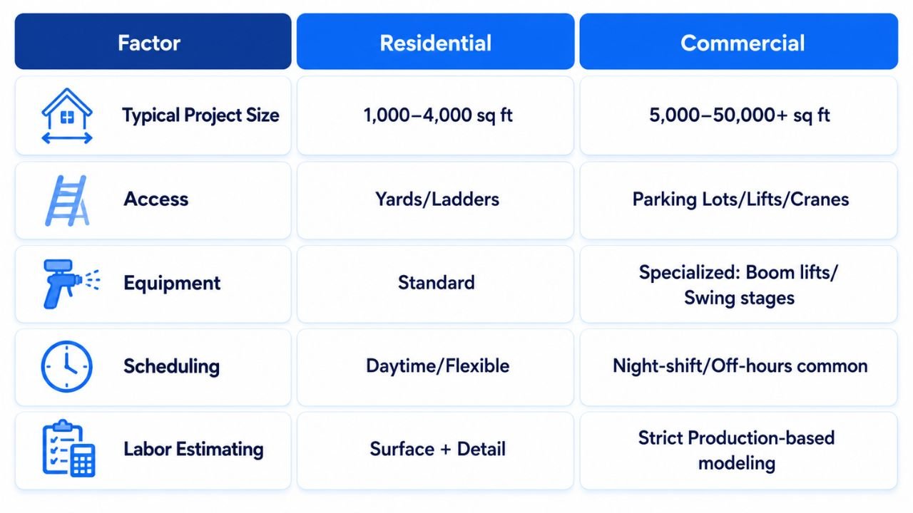Residential vs. commercial exterior painting labor costs, project size, access, equipment, scheduling, and labor estimating factors.