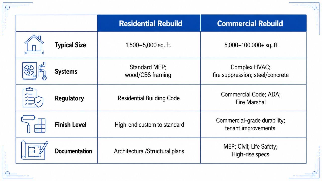 Comparison of residential and commercial hurricane rebuild costs by building size, systems, regulations, finish level, and documentation