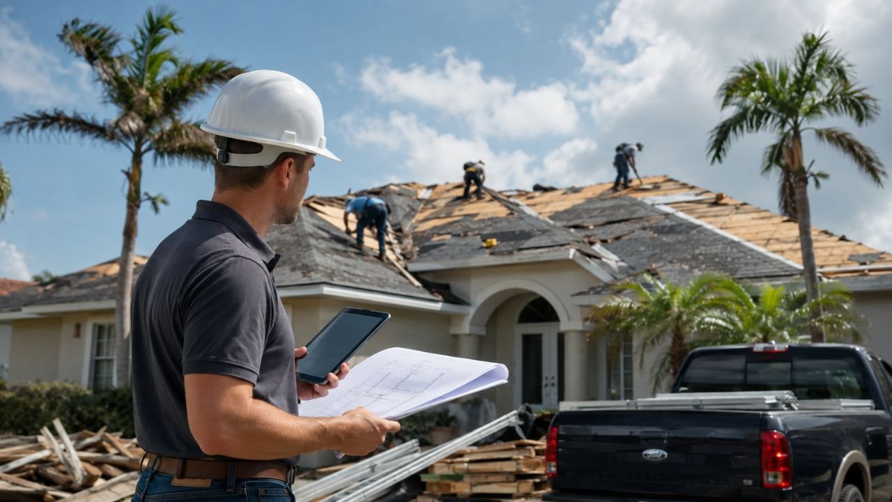 Roof storm damage estimate in Florida showing a construction professional inspecting a hurricane-damaged residential roof