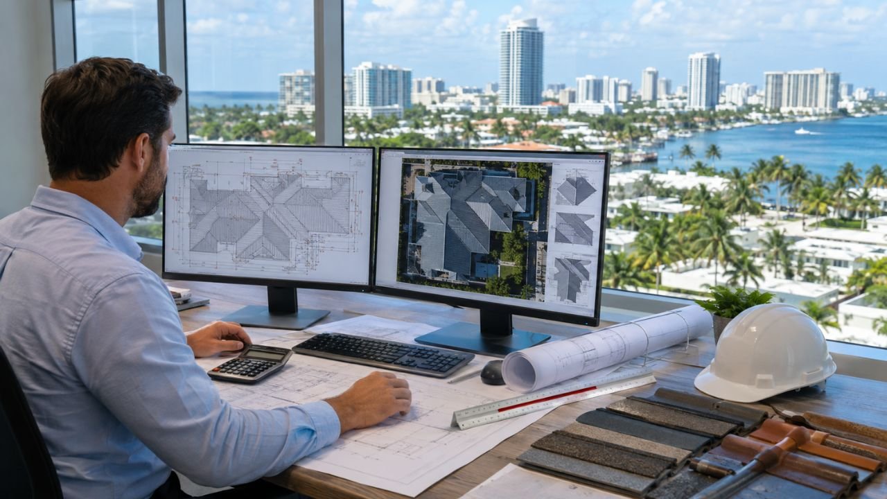 Roofing estimator reviewing roof plans and aerial measurements for a construction project in Fort Lauderdale, Florida.