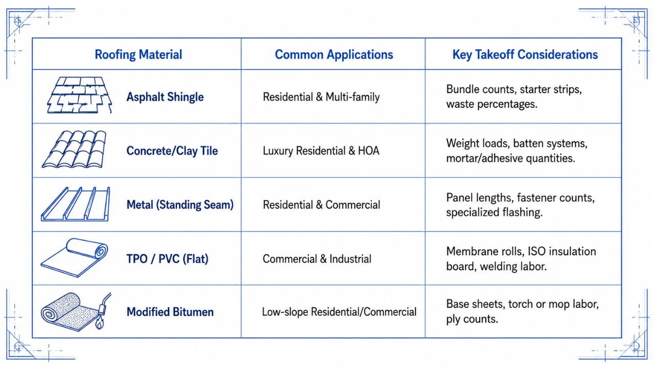 Roofing materials and key takeoff considerations for asphalt shingles, concrete tile, metal roofing, TPO, PVC, and modified bitumen