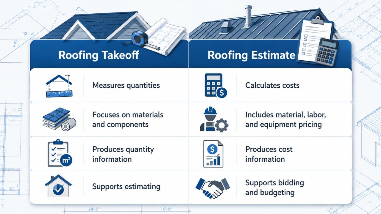 Comparison of roofing takeoff and roofing estimate services showing quantities, materials, labor, equipment, and project costs.