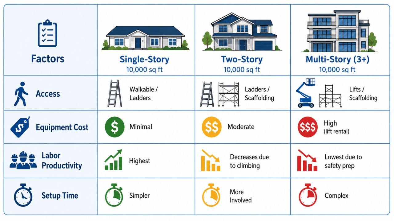 Single-story vs multi-story 10,000 sq ft house comparison showing access, equipment cost, labor productivity, and setup time