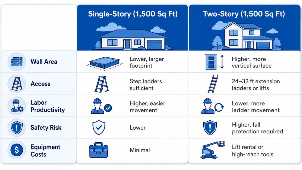 Comparison of single-story and two-story 1,500 sq ft homes showing wall area, access, labor productivity, safety risk, and equipment costs for exterior painting