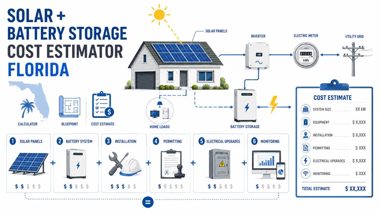 Solar and battery storage cost estimator Florida showing solar panels, battery system, installation, permitting, electrical upgrades, and monitoring costs