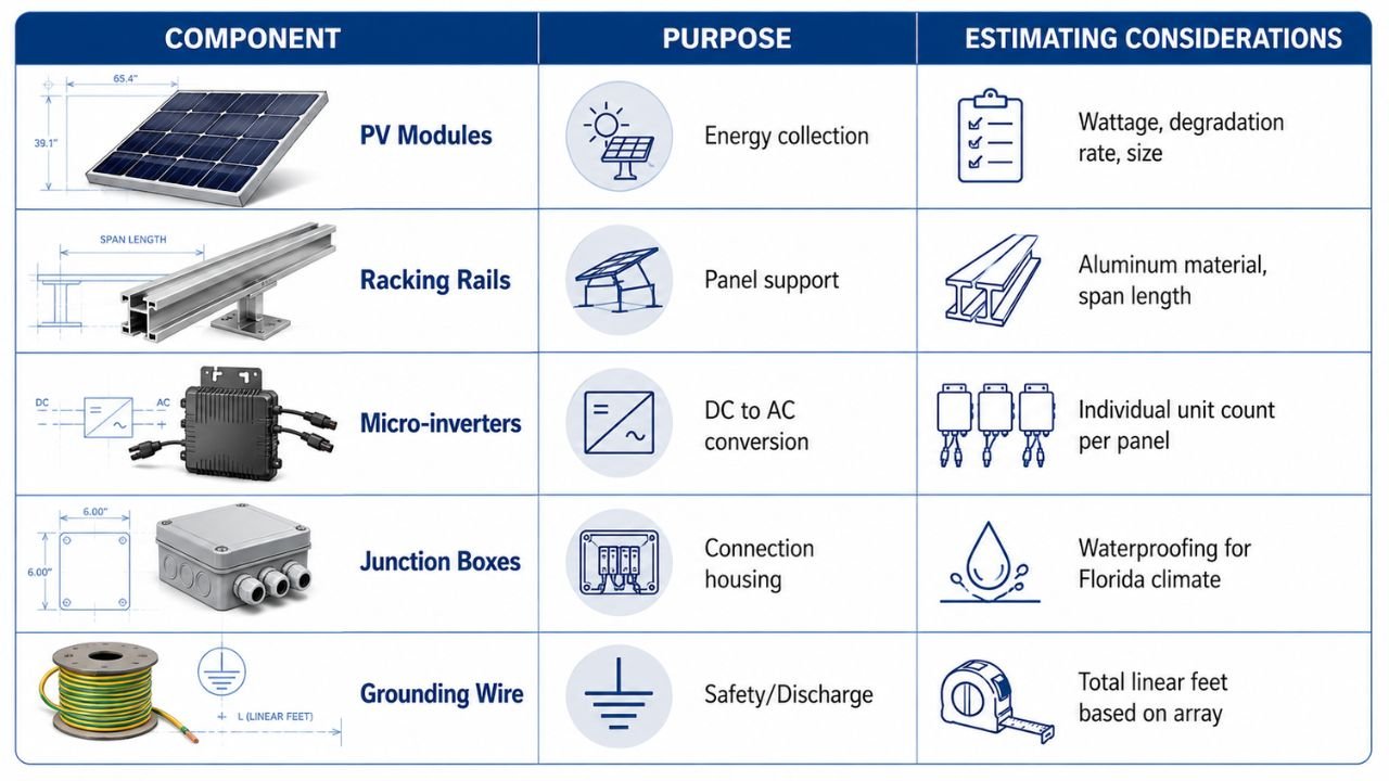 Solar system components and estimating considerations for PV modules, racking rails, micro-inverters, junction boxes, and grounding wire