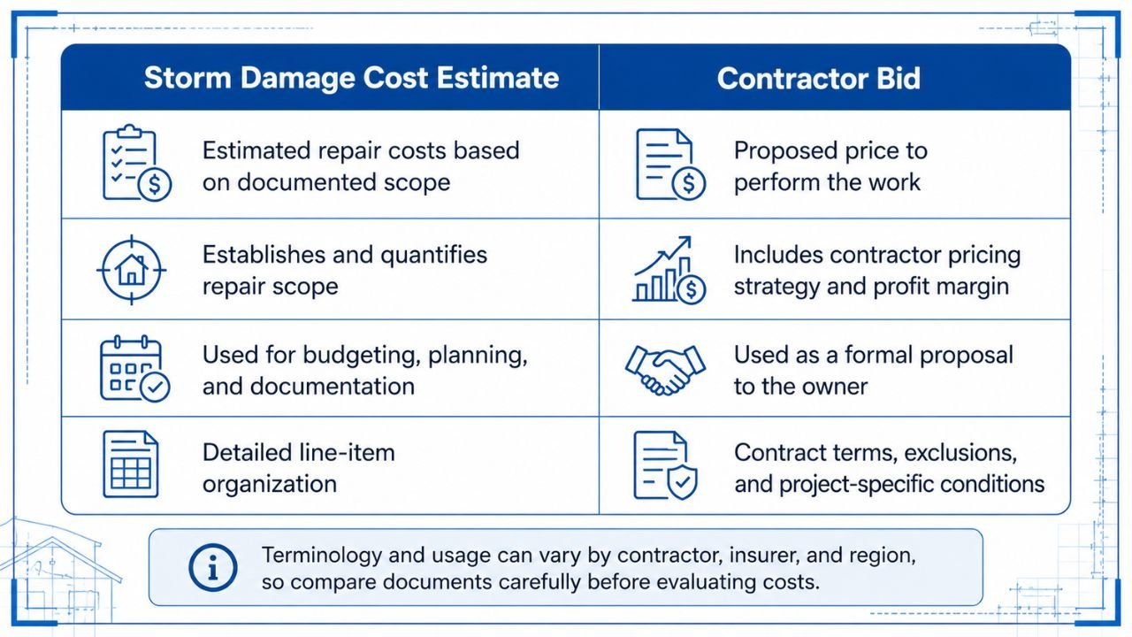 Comparison of a storm damage cost estimate and contractor bid showing repair scope, pricing, budgeting, and proposal differences