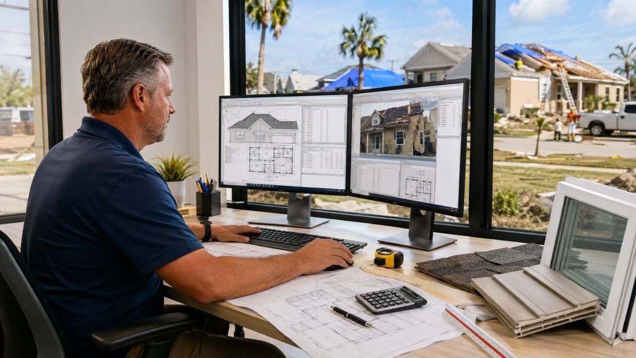 Storm damage repair cost estimator reviewing damaged property plans, repair measurements, and construction costs in Florida.