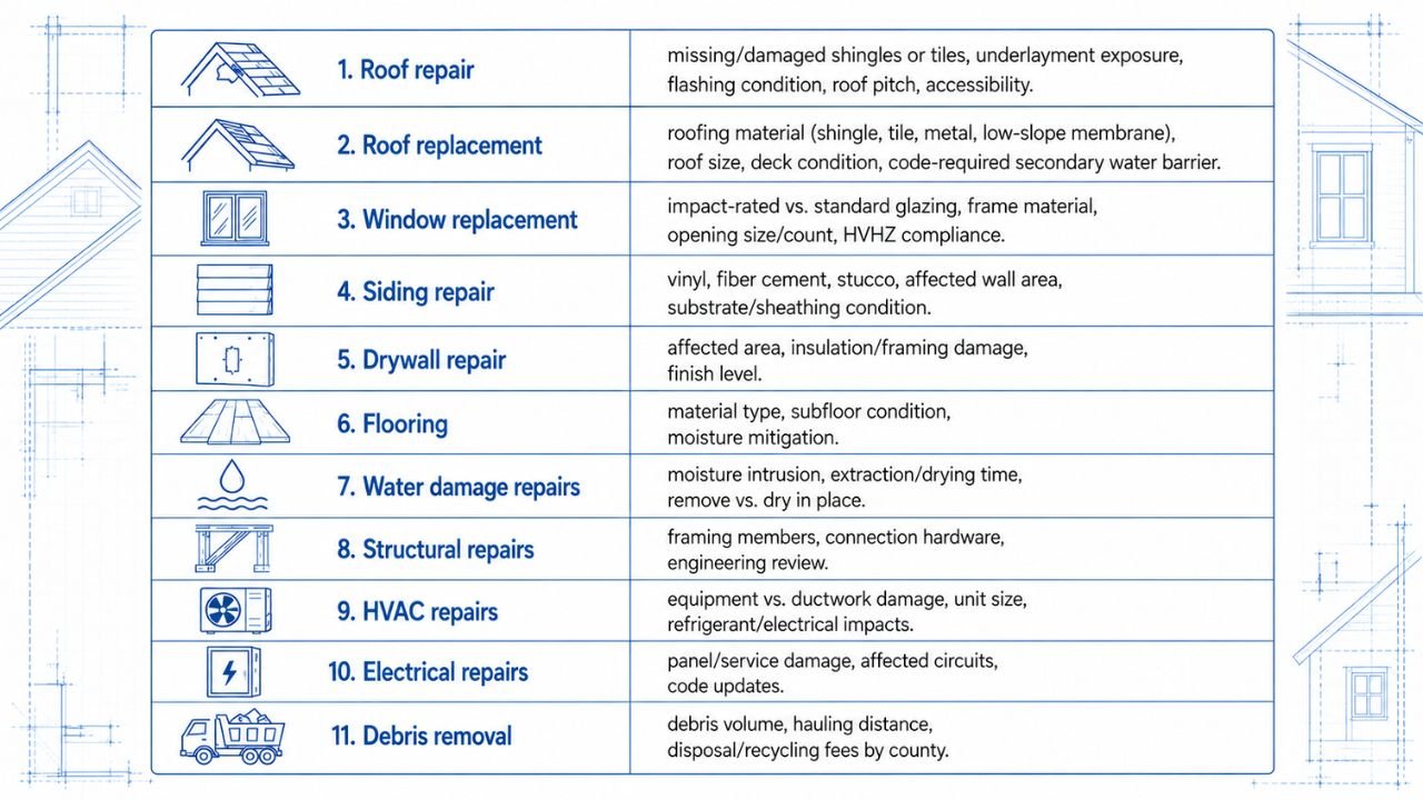 Storm damage repair cost factors for roof, windows, siding, drywall, flooring, water damage, structural, HVAC, electrical, and debris removal repairs