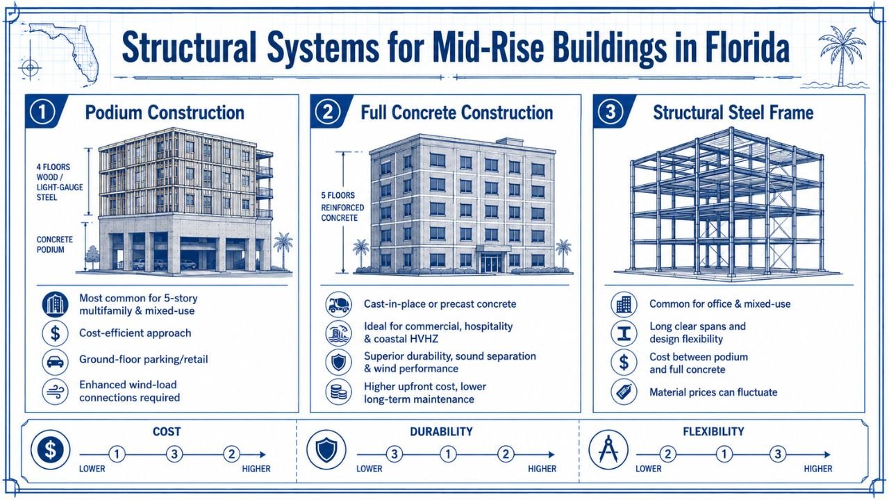Infographic comparing structural systems for mid-rise buildings in Florida, including podium construction, full reinforced concrete construction, and structural steel frame systems with cost, durability, and flexibility comparisons.