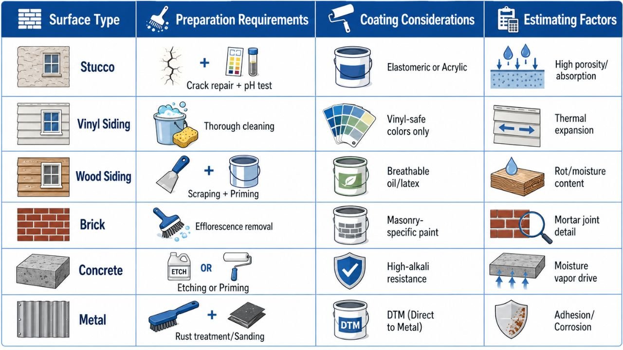 Surface type comparison showing stucco, vinyl siding, wood siding, brick, concrete, and metal painting preparation and estimating factors in Florida
