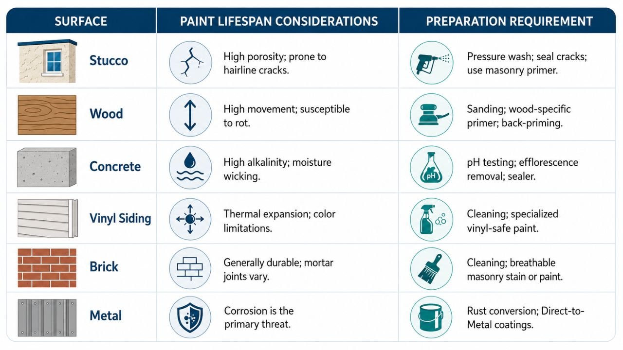 Surface types and paint performance showing stucco, wood, concrete, vinyl siding, brick, and metal