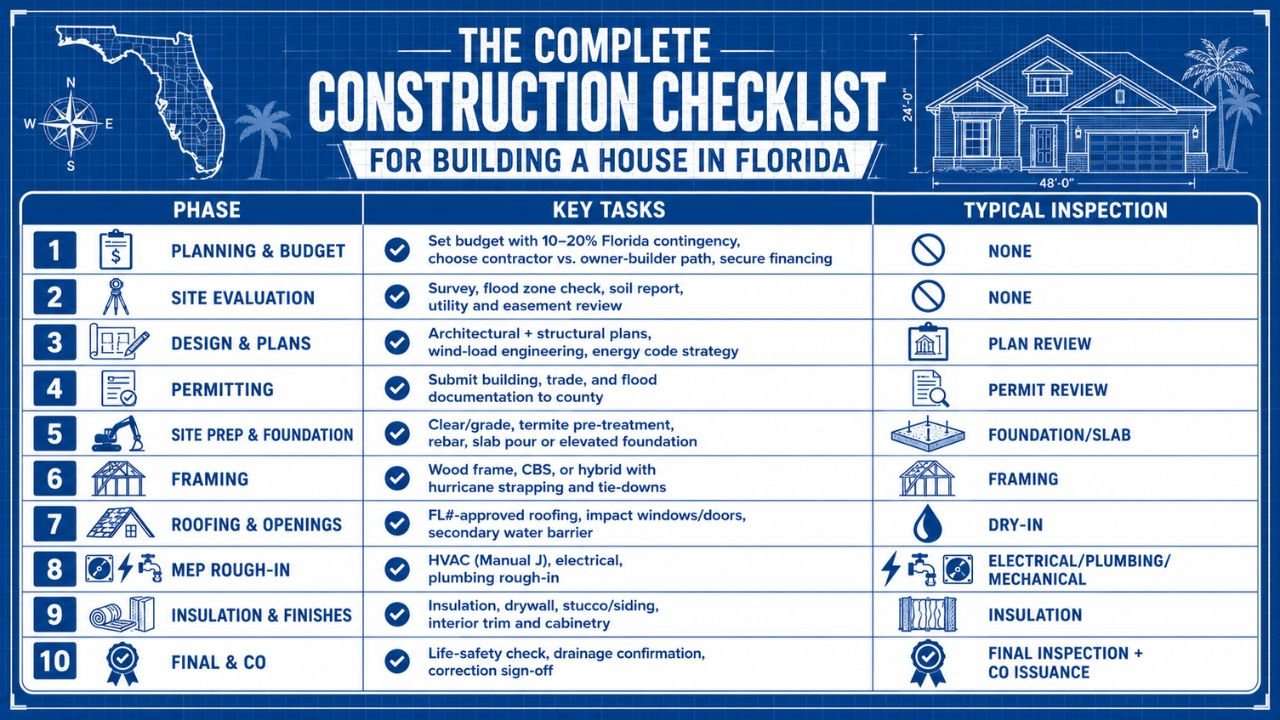 Infographic showing the complete construction checklist for building a house in Florida, including planning, permitting, foundation, framing, roofing, MEP, insulation, and final inspection phases.