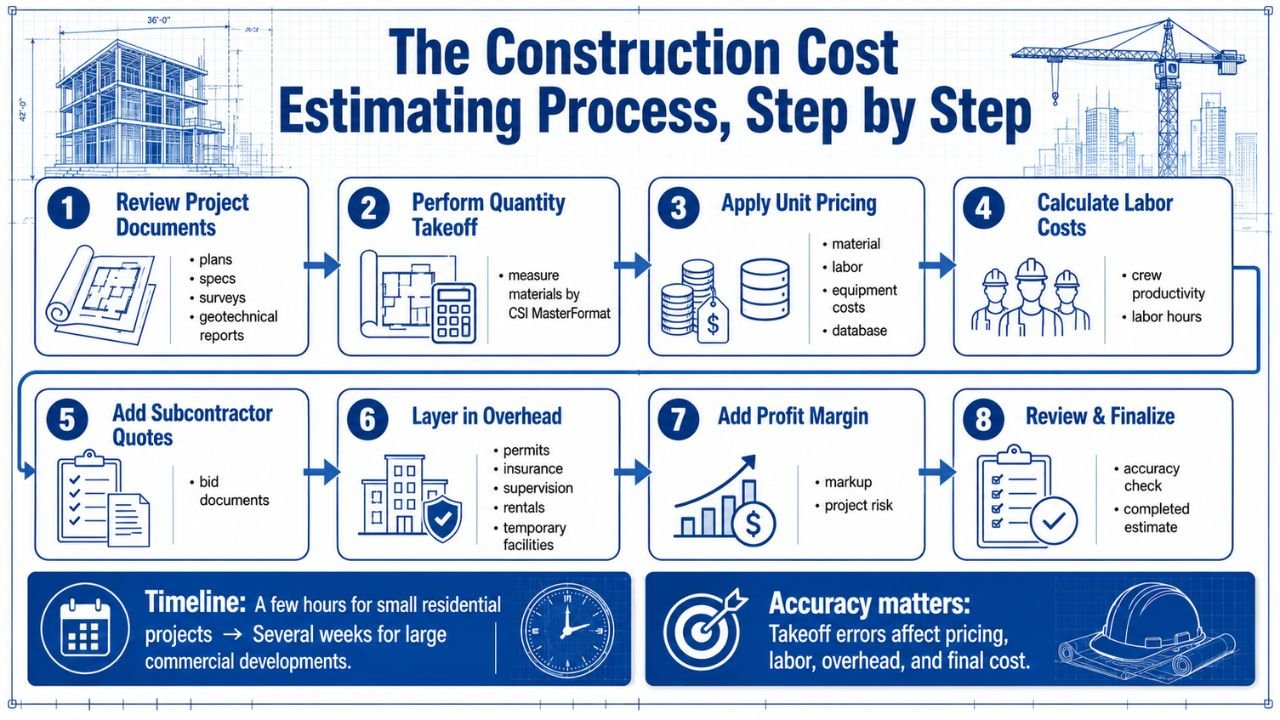 Infographic illustrating the construction cost estimating process step by step, including document review, quantity takeoff, unit pricing, labor costs, subcontractor quotes, overhead, profit margin, and estimate review.