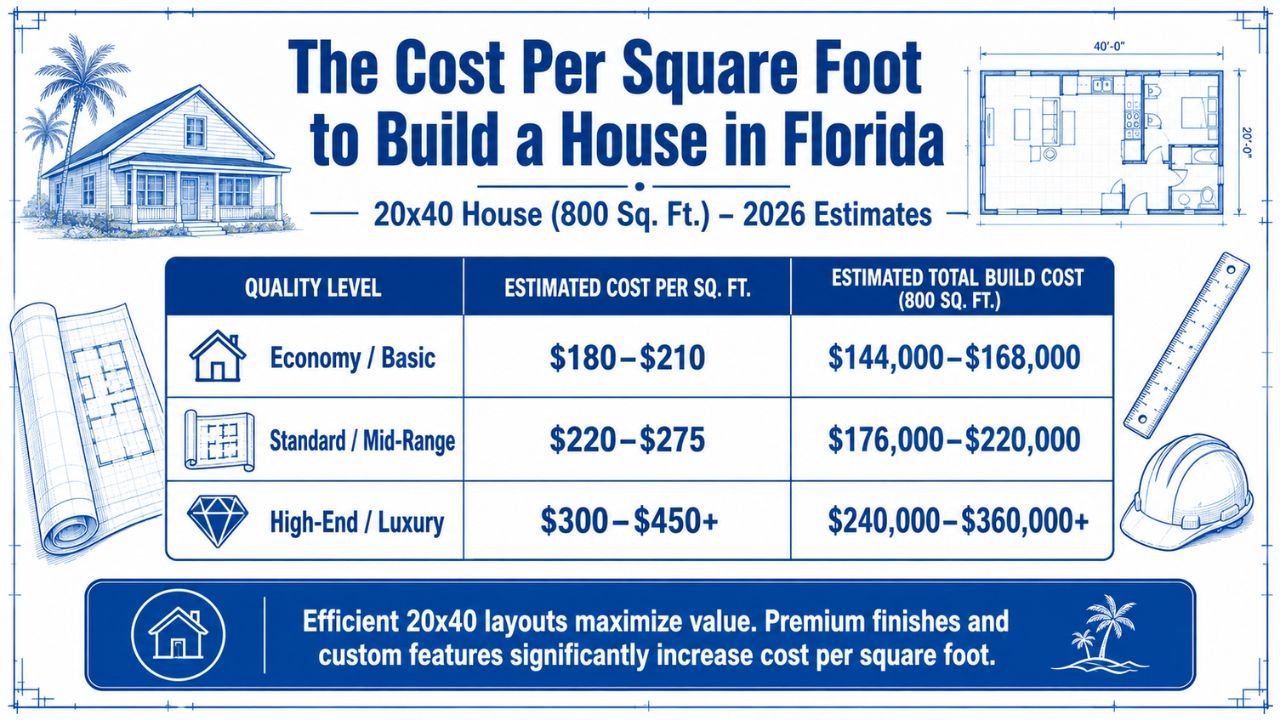 Infographic showing the cost per square foot to build a 20x40 house (800 sq. ft.) in Florida, including economy, standard, and luxury construction cost estimates.