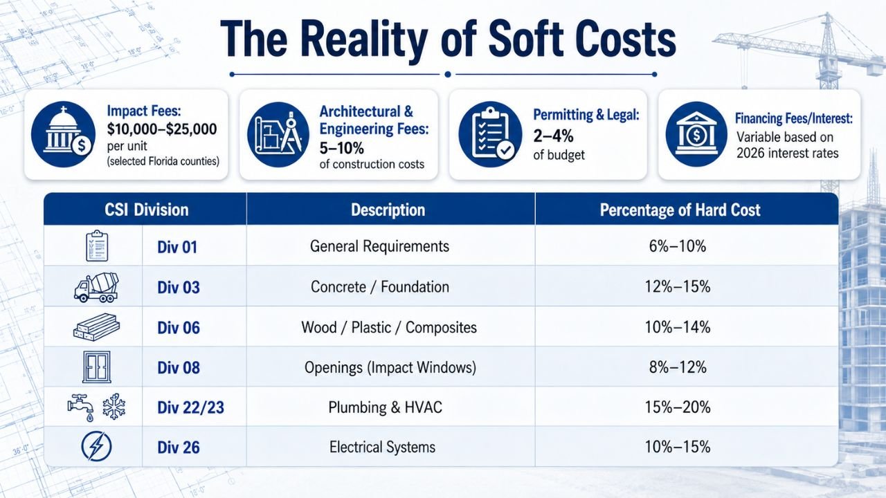 Infographic showing soft costs in Florida apartment construction, including impact fees, architectural and engineering fees, permitting, financing costs, and CSI division cost breakdowns.