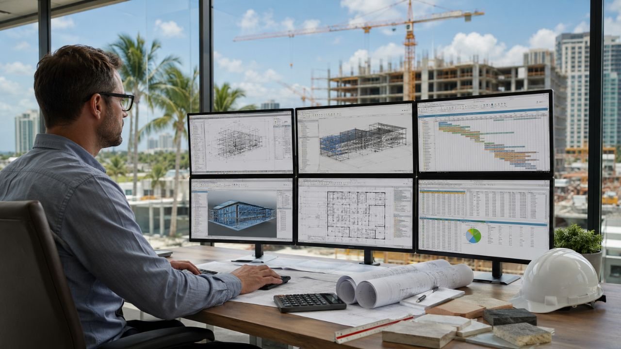 Construction estimator using multiple monitors with BIM models, blueprints, scheduling software, and cost estimating tools for a Florida construction project.