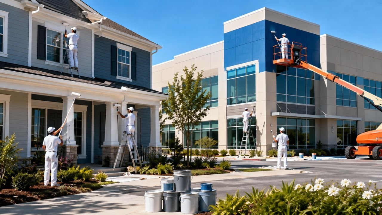 Professional painters applying exterior paint to a house and commercial building in the USA