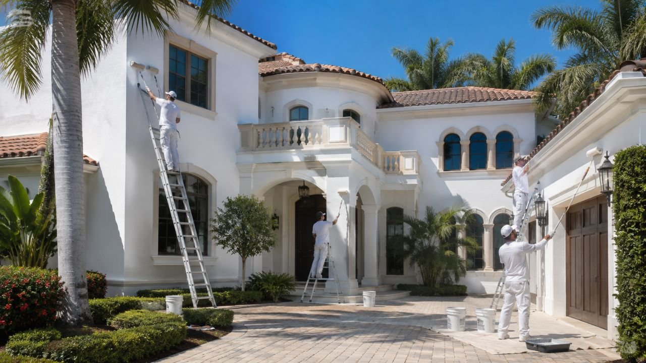 Professional painters applying exterior paint to a luxury Florida home
