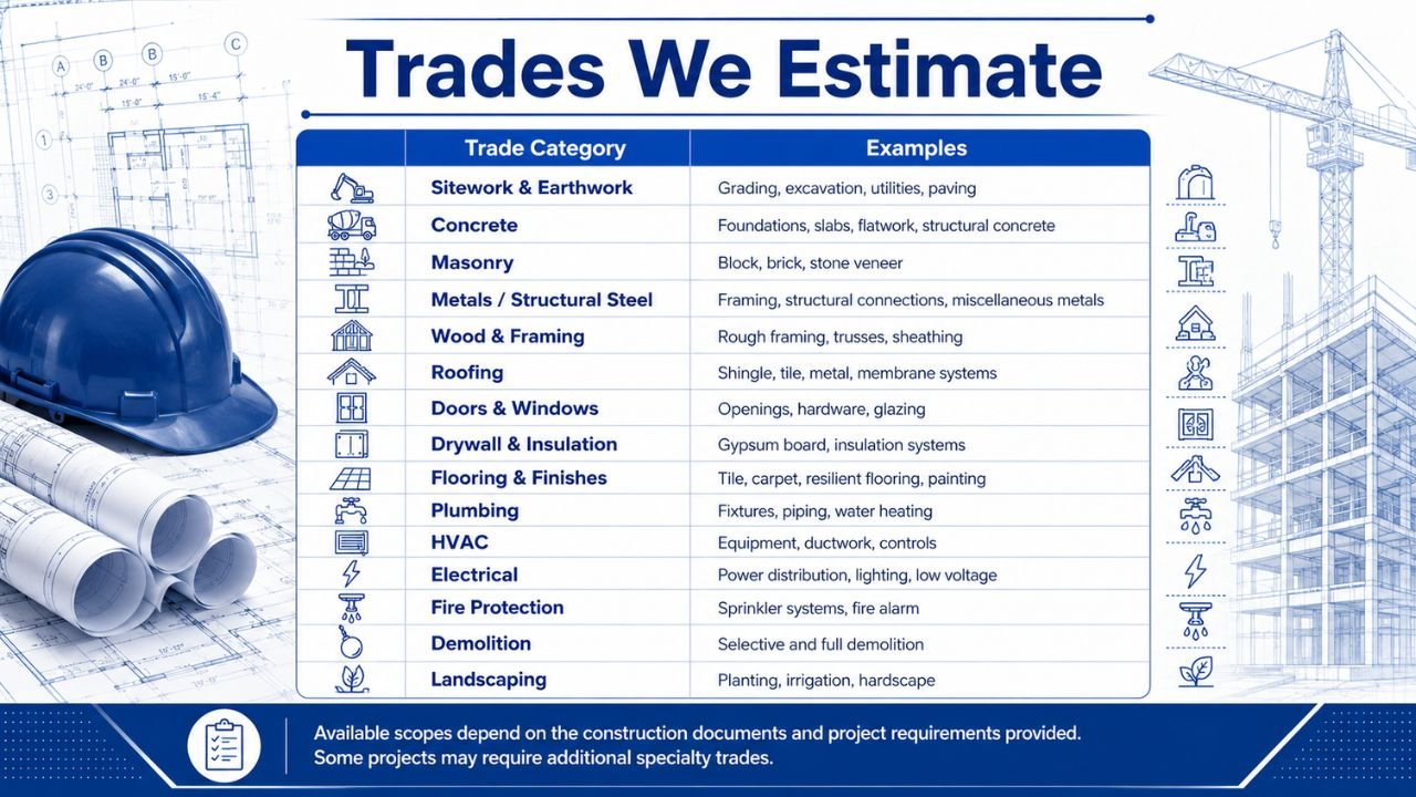 Construction estimating trades including sitework, concrete, masonry, structural steel, framing, roofing, plumbing, HVAC, electrical, fire protection, demolition, and landscaping.