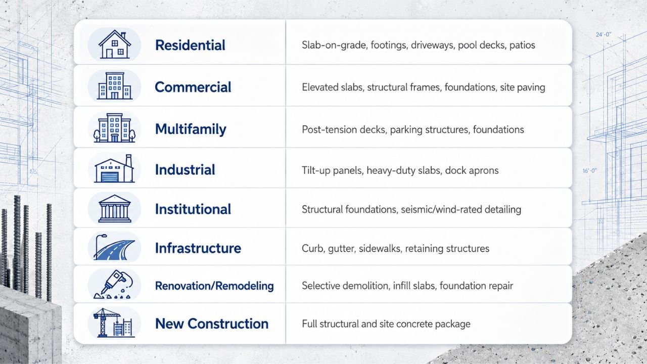 Types of concrete projects estimated for residential, commercial, multifamily, industrial, institutional, infrastructure, renovation, and new construction projects.