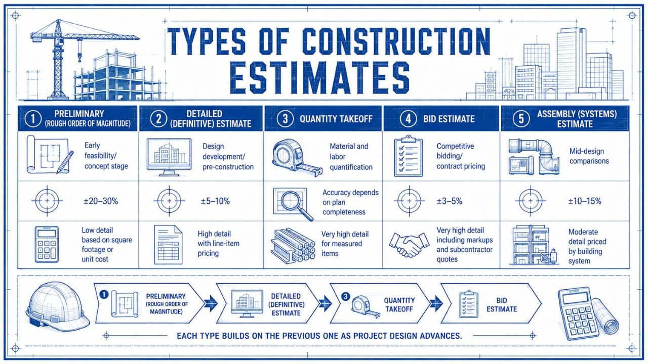 Infographic explaining the different types of construction estimates, including preliminary estimates, detailed estimates, quantity takeoffs, bid estimates, and assembly estimates.