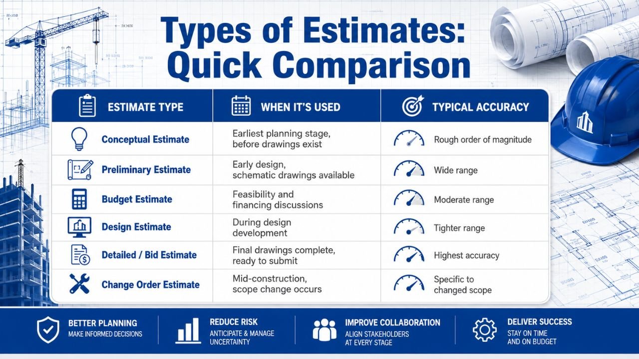 Types of construction estimates including conceptual, preliminary, budget, design, detailed bid, and change order estimates with typical accuracy levels.
