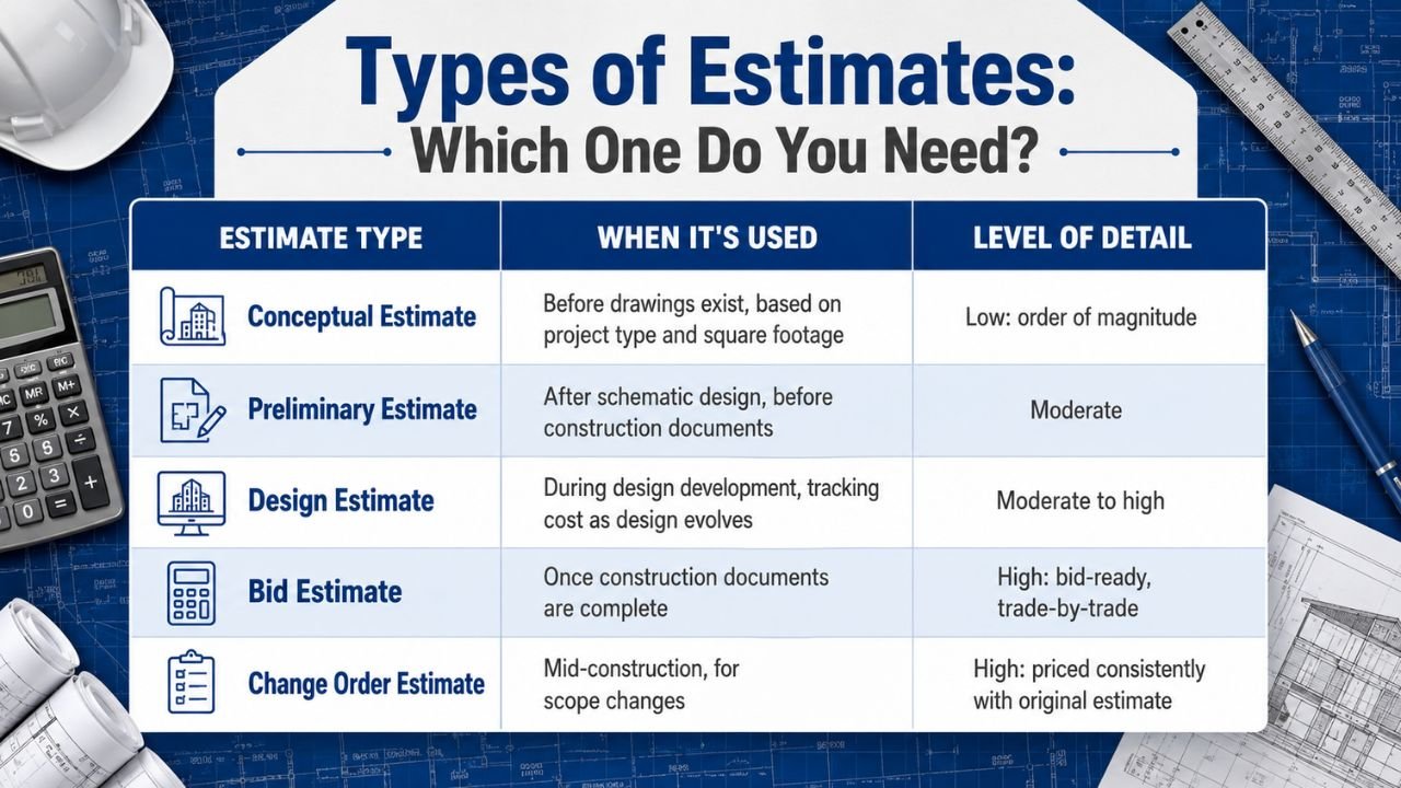 Types of construction estimates including conceptual, preliminary, design, bid, and change order estimates, with their uses and levels of detail.