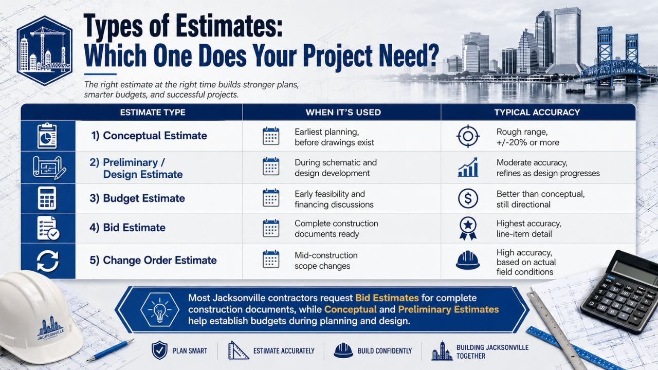 Comparison of conceptual, preliminary, budget, bid, and change order construction estimates, including when each is used and its typical accuracy in Jacksonville.