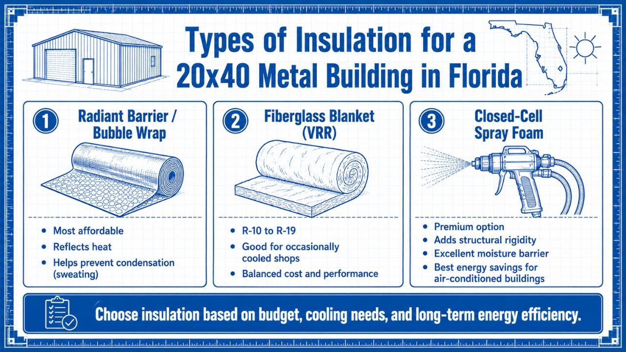 Infographic comparing insulation options for a 20x40 metal building in Florida, including radiant barrier, fiberglass blanket, and closed-cell spray foam with their benefits and applications.