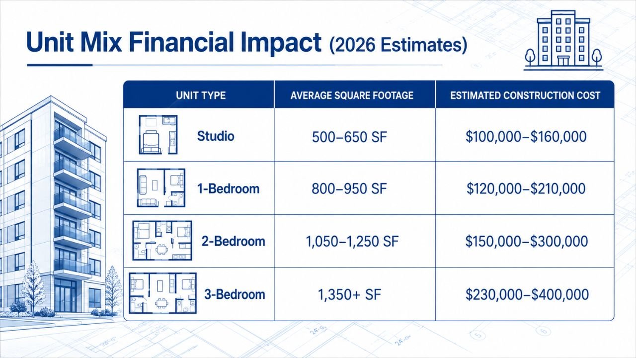 Infographic comparing apartment unit types by average square footage and estimated construction cost, including studio, one-bedroom, two-bedroom, and three-bedroom units.