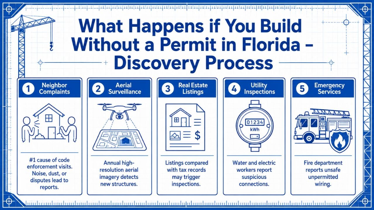 Infographic explaining how unpermitted construction is discovered in Florida through neighbor complaints, aerial surveillance, real estate listings, utility inspections, and emergency services.