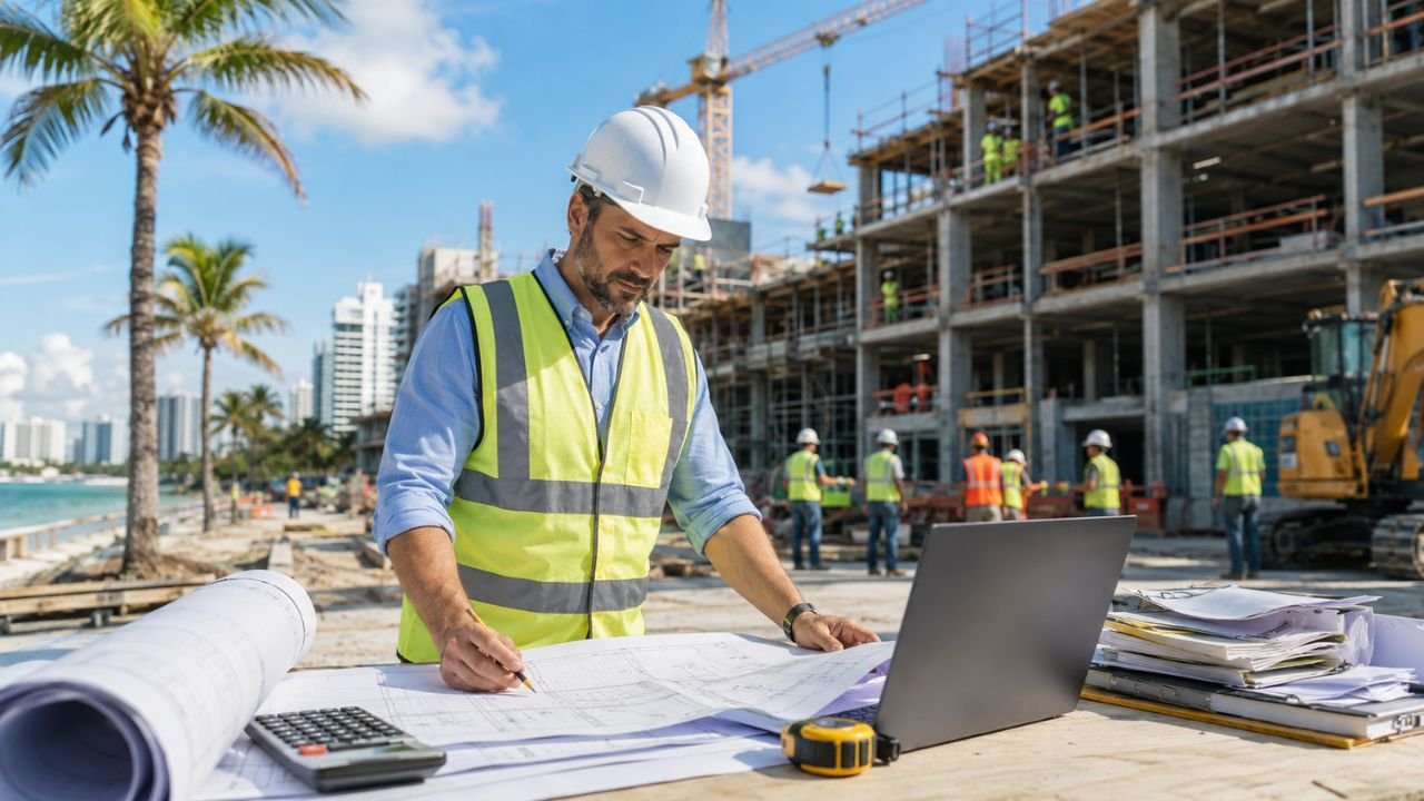 Construction estimator reviewing building plans and preparing a cost estimate on a laptop at an active commercial construction site in Florida.