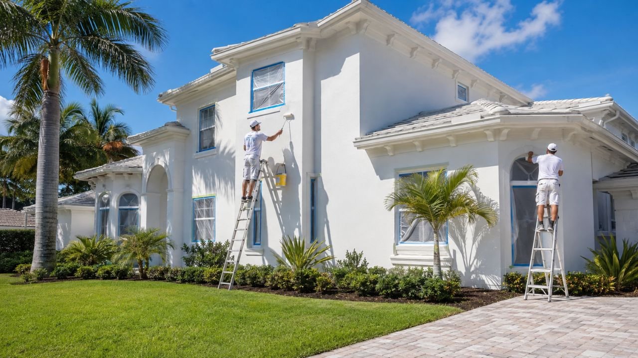 Professional painters applying exterior paint to a Florida home during a sunny day