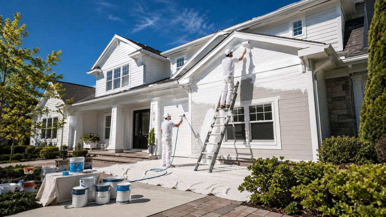 Professional painters applying exterior paint to a residential house in Florida