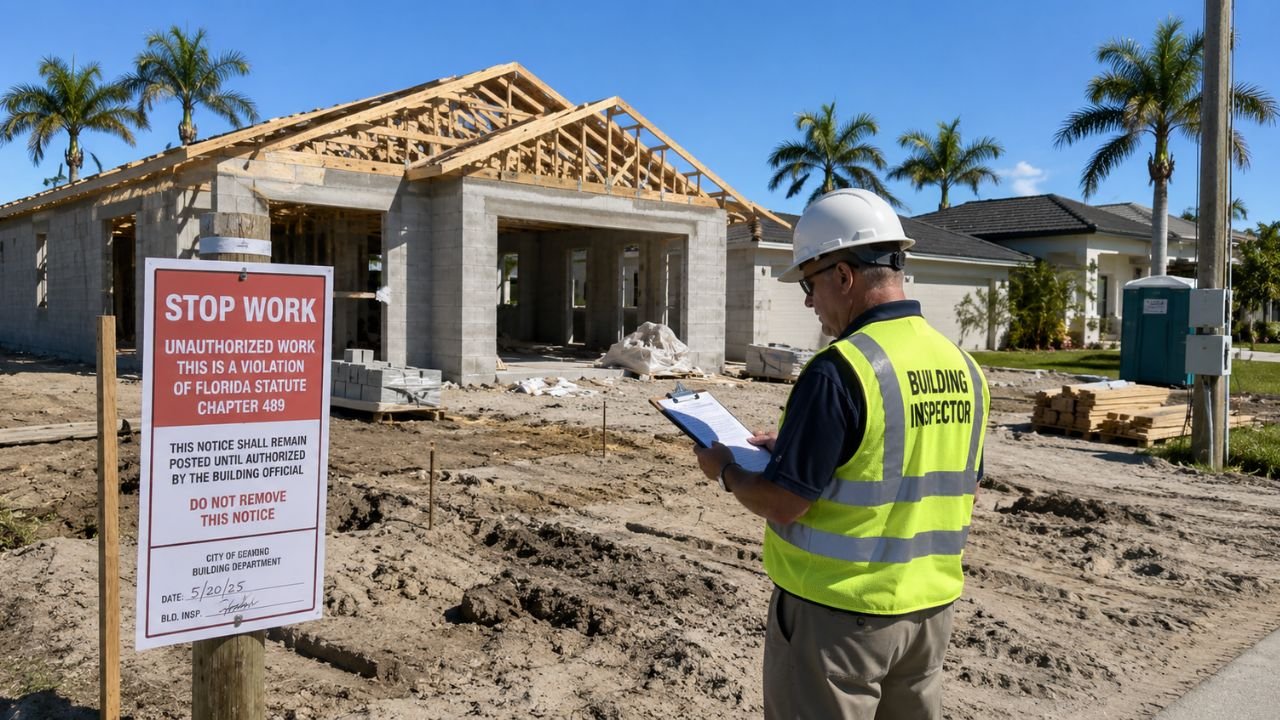 Florida building inspector issuing a stop work order at a residential construction site for unauthorized building without a permit.