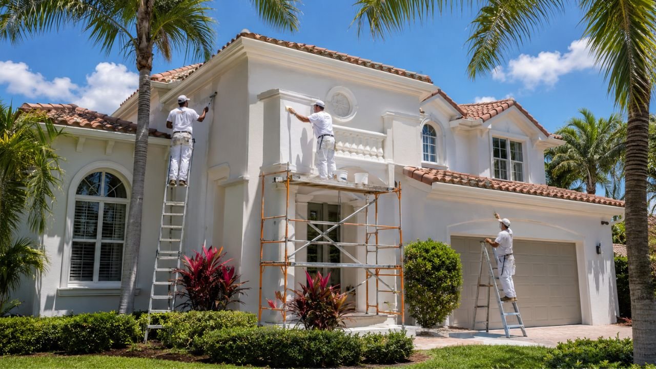 Professional painters applying exterior paint to a Florida home with ladders and scaffolding