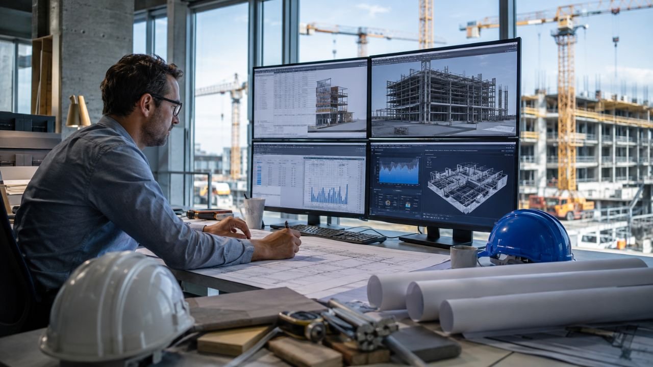 Construction estimator using AI-powered estimating software with digital plans, 3D building models, cost data, and construction project analytics on multiple monitors.